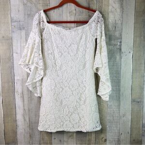 WAYF Size Small Lace Mini Sheath Ivory/Cream Bell Sleeve Dress Back Zipper